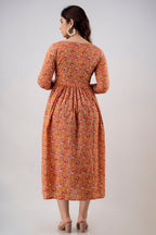 Majestic divas Cotton Burnt Orange Floral Maternity Feeding Kurta Dress with Dual Zippers