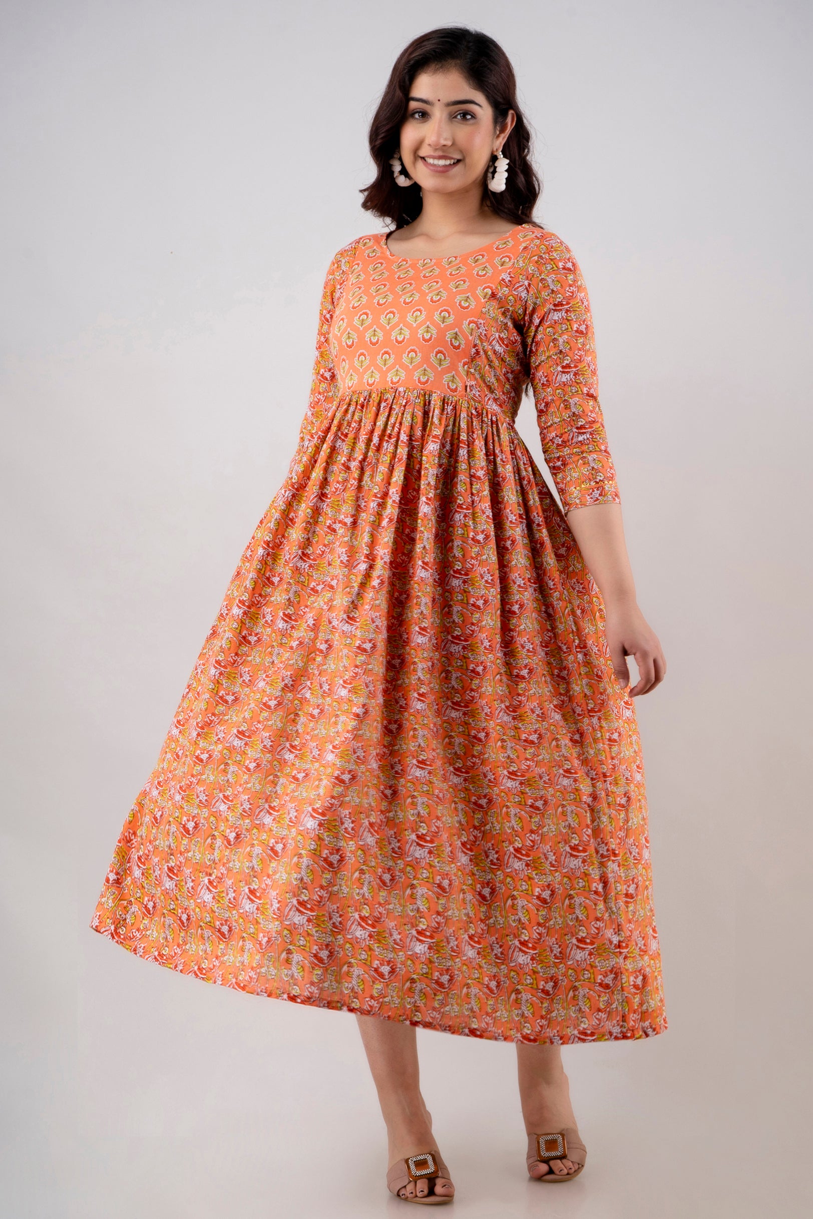 Majestic divas Cotton Burnt Orange Floral Maternity Feeding Kurta Dress with Dual Zippers Main image