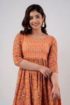 Majestic divas Cotton Burnt Orange Floral Maternity Feeding Kurta Dress with Dual Zippers