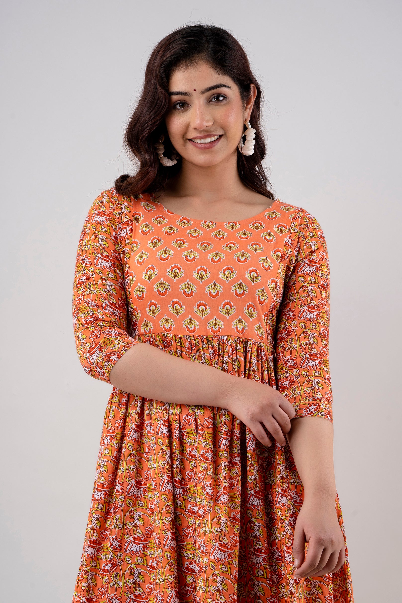 Majestic divas Cotton Burnt Orange Floral Maternity Feeding Kurta Dress with Dual Zippers