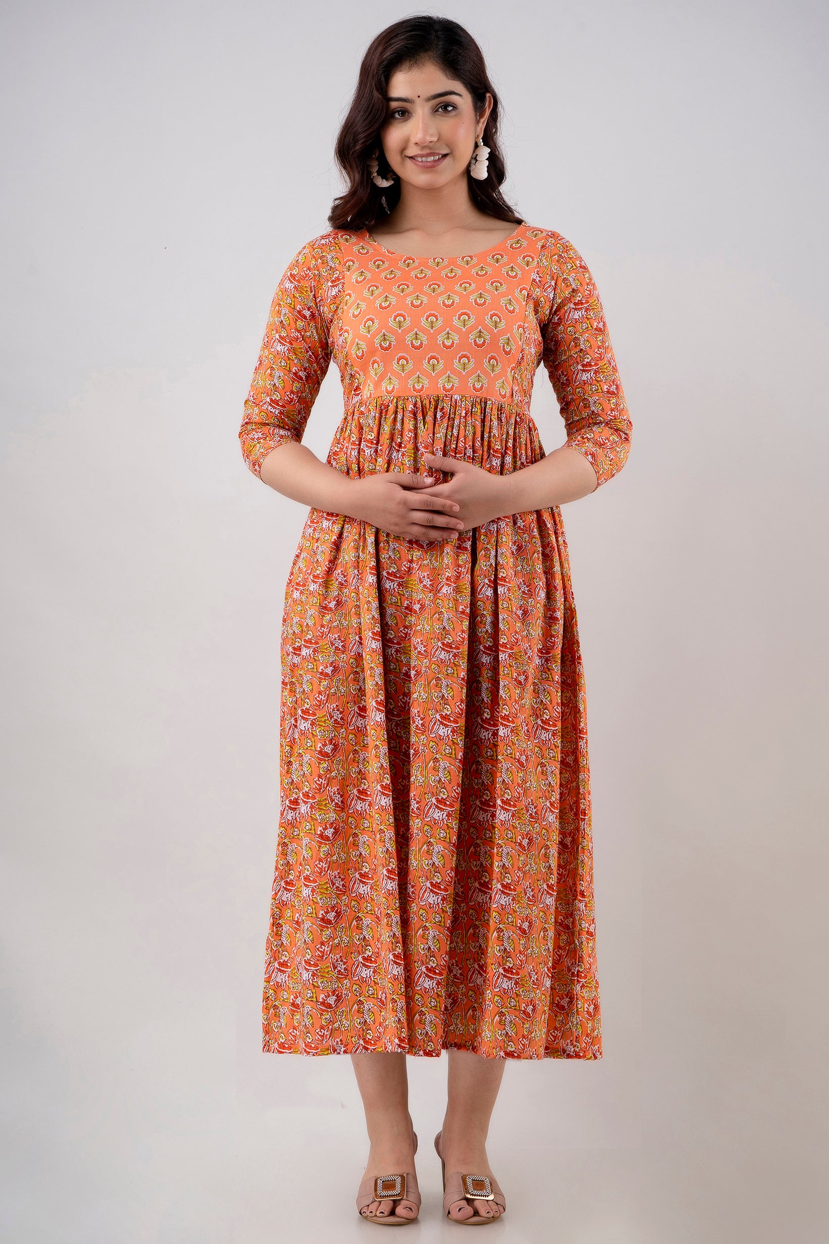 Majestic divas Cotton Burnt Orange Floral Maternity Feeding Kurta Dress with Dual Zippers