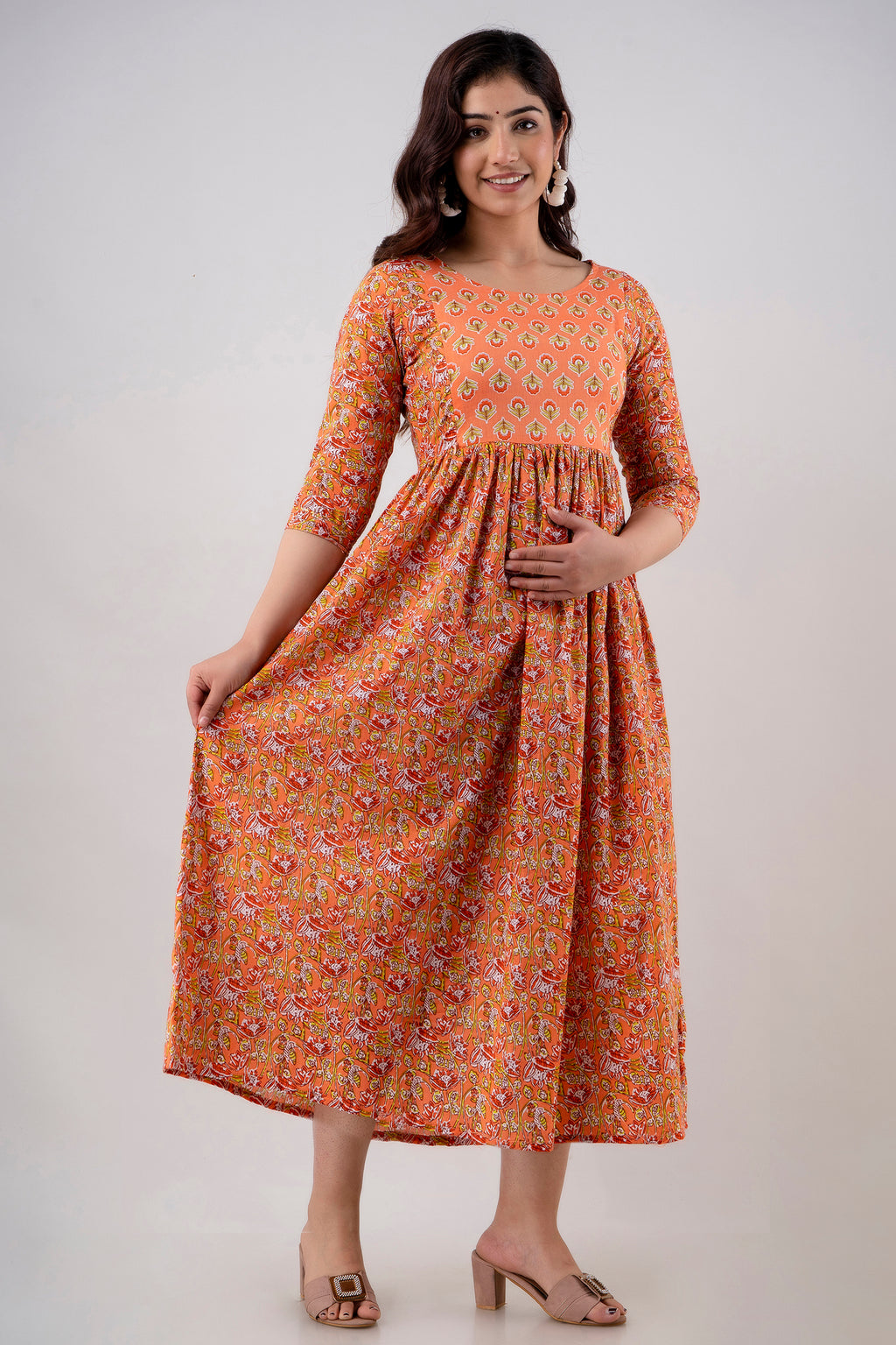 Majestic divas Cotton Burnt Orange Floral Maternity Feeding Kurta Dress with Dual Zippers