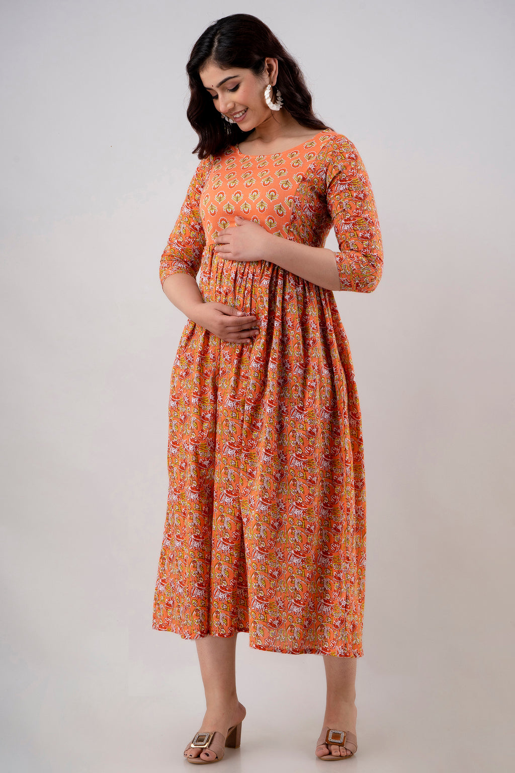 Majestic divas Cotton Burnt Orange Floral Maternity Feeding Kurta Dress with Dual Zippers
