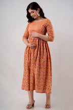 Majestic divas Cotton Burnt Orange Floral Maternity Feeding Kurta Dress with Dual Zippers