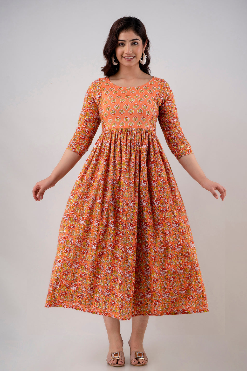 Majestic divas Cotton Burnt Orange Floral Maternity Feeding Kurta Dress with Dual Zippers
