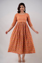 Majestic divas Cotton Burnt Orange Floral Maternity Feeding Kurta Dress with Dual Zippers
