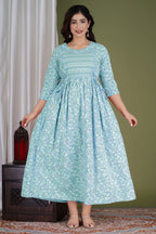 Majestic divas Cotton Sky Blue  Printed Maternity Feeding Kurta Dress with Dual Zippers