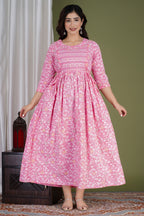 Majestic divas Cotton Pink Floral Buta Printed Maternity Feeding Kurta Dress with Dual Zippers
