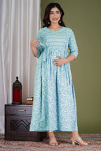 Majestic divas Cotton Sky Blue  Printed Maternity Feeding Kurta Dress with Dual Zippers