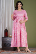 Majestic divas Cotton Pink Floral Buta Printed Maternity Feeding Kurta Dress with Dual Zippers