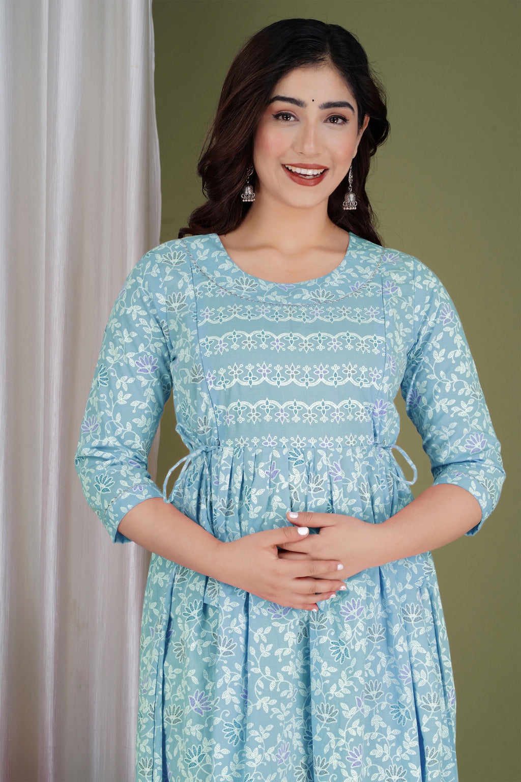 Majestic divas Cotton Sky Blue  Printed Maternity Feeding Kurta Dress with Dual Zippers