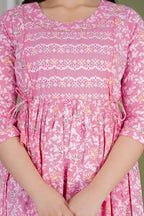 Majestic divas Cotton Pink Floral Buta Printed Maternity Feeding Kurta Dress with Dual Zippers