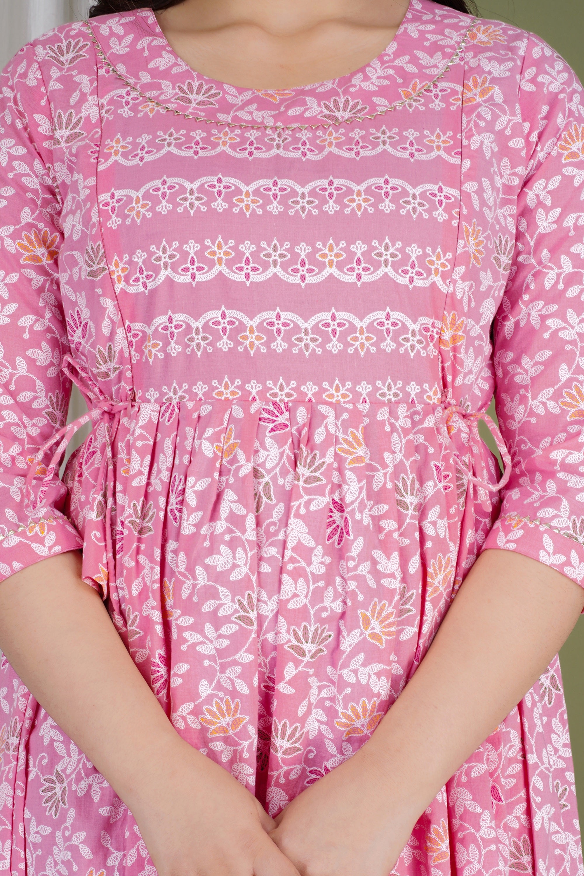 Majestic divas Cotton Pink Floral Buta Printed Maternity Feeding Kurta Dress with Dual Zippers