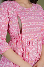Majestic divas Cotton Pink Floral Buta Printed Maternity Feeding Kurta Dress with Dual Zippers