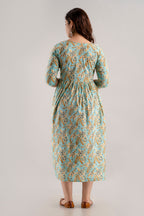 Majestic divas Cotton Pastel Sky Blue Printed Maternity Feeding Kurta Dress with Dual Zippers