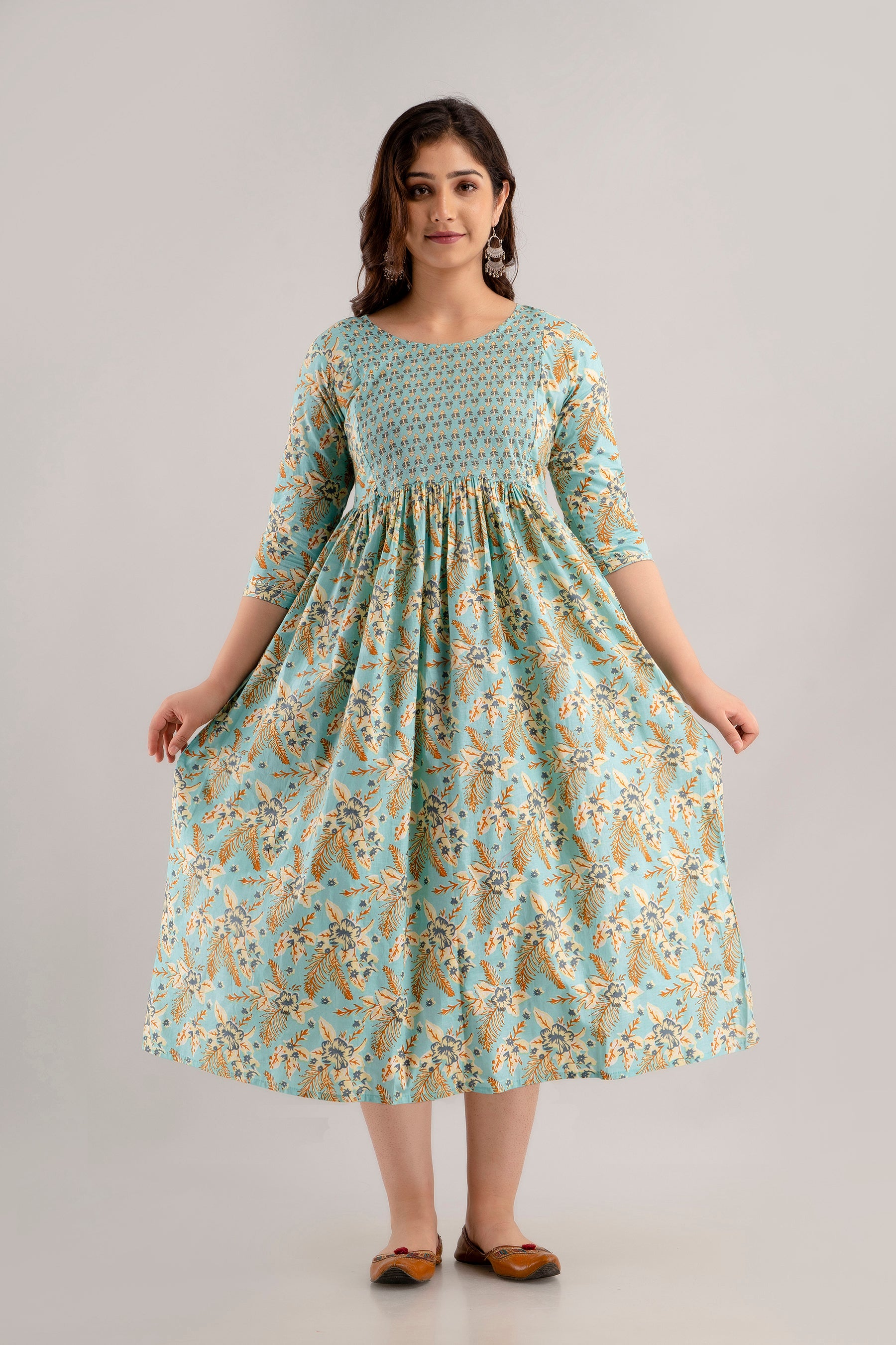 Majestic divas Cotton Pastel Sky Blue Printed Maternity Feeding Kurta Dress with Dual Zippers Main image