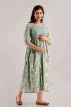 Majestic divas Cotton Pastel Sky Blue Printed Maternity Feeding Kurta Dress with Dual Zippers