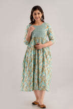Majestic divas Cotton Pastel Sky Blue Printed Maternity Feeding Kurta Dress with Dual Zippers