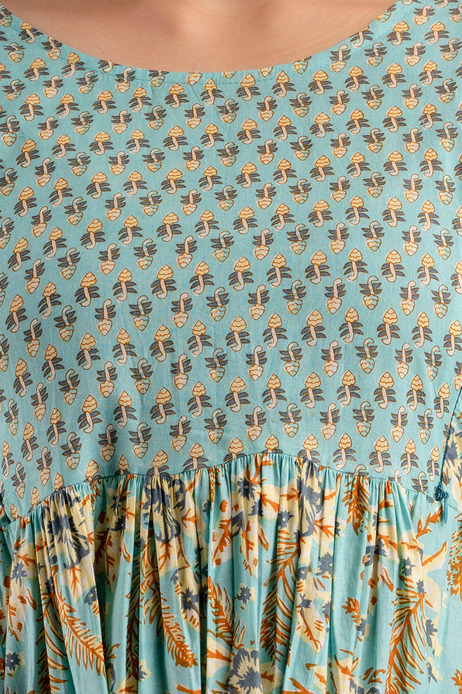 Majestic divas Cotton Pastel Sky Blue Printed Maternity Feeding Kurta Dress with Dual Zippers