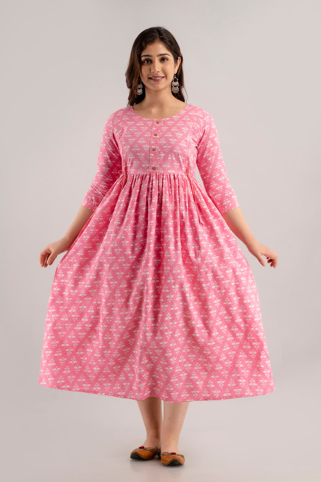Majestic divas Rayon Rose Pink Printed Maternity Feeding Kurta Dress with Dual Zippers