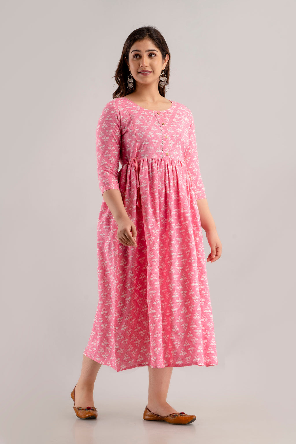 Majestic divas Rayon Rose Pink Printed Maternity Feeding Kurta Dress with Dual Zippers