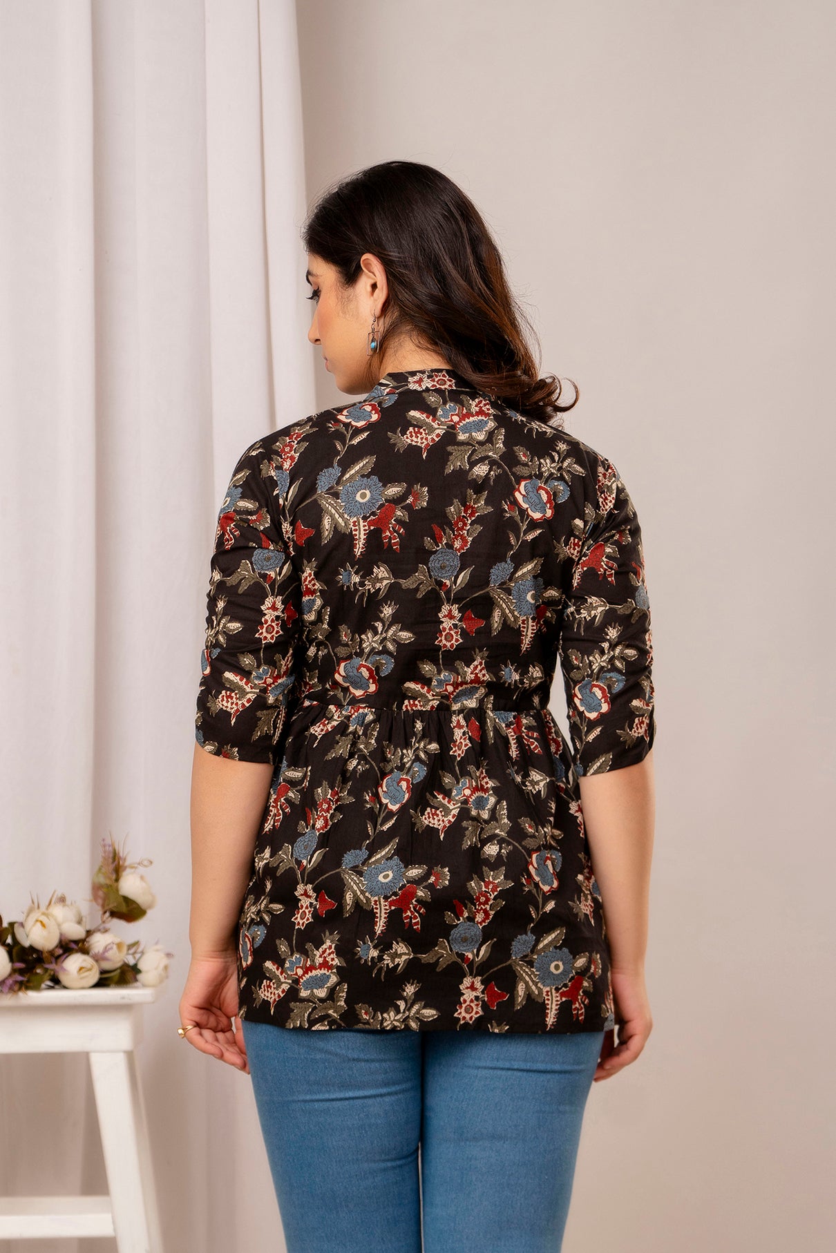 Majestic Divas Black Floral Printed Flared Top for Women Secondary image