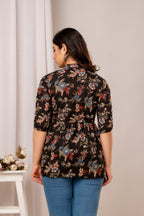 Majestic Divas Black Floral Printed Flared Top for Women