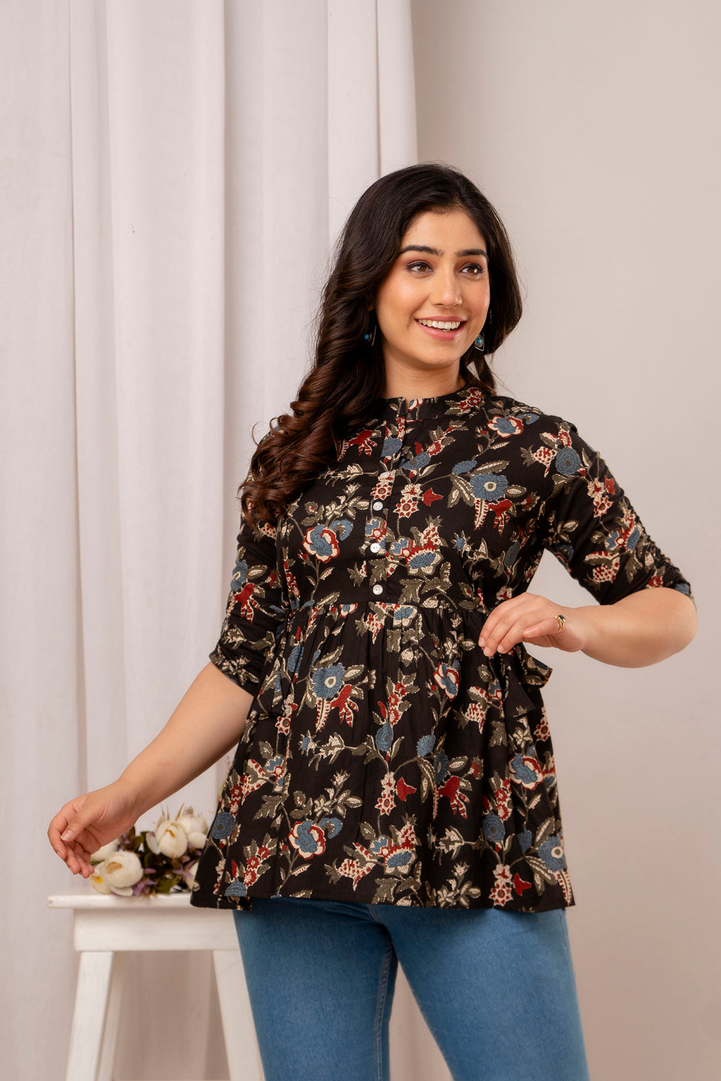 Majestic Divas Black Floral Printed Flared Top for Women