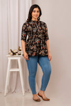 Majestic Divas Black Floral Printed Flared Top for Women