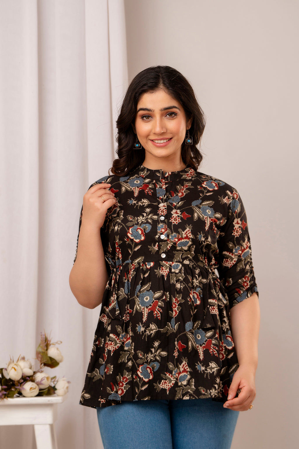 Majestic Divas Black Floral Printed Flared Top for Women
