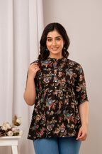 Majestic Divas Black Floral Printed Flared Top for Women