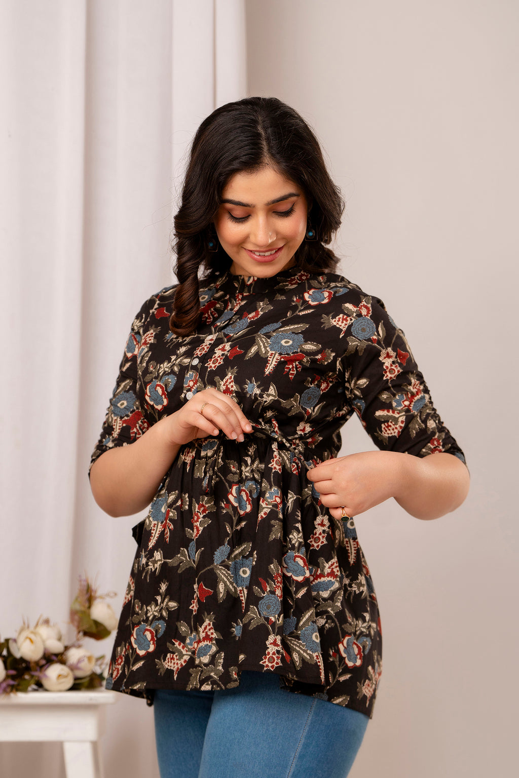 Majestic Divas Black Floral Printed Flared Top for Women