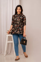 Majestic Divas Black Floral Printed Flared Top for Women