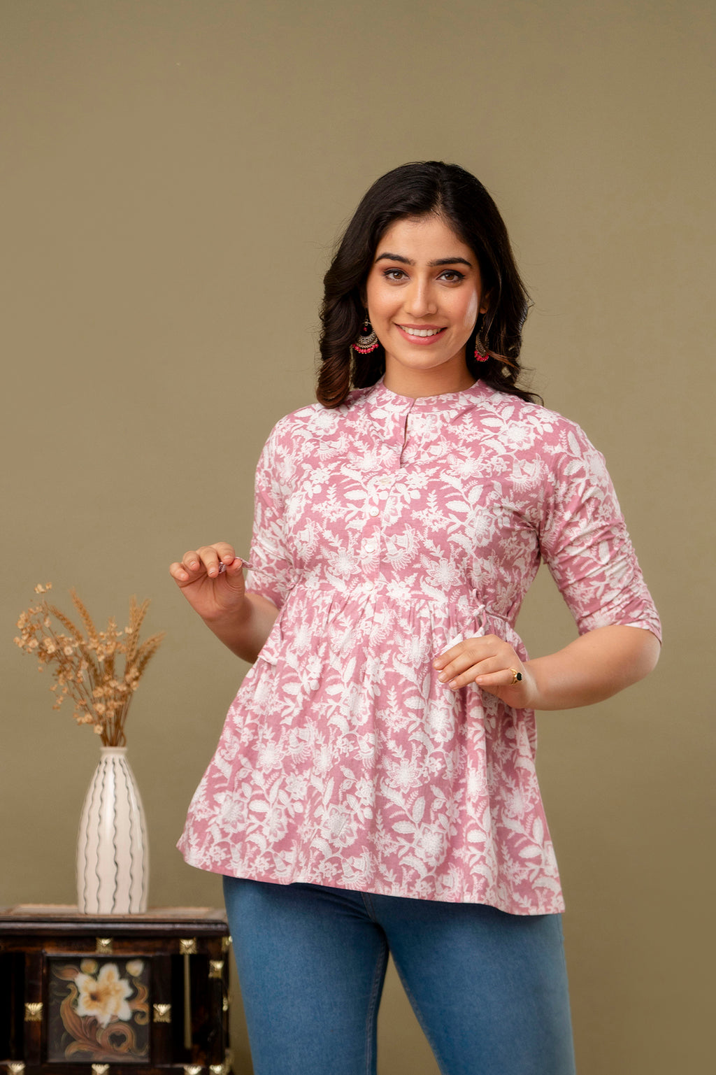 Majestic Divas Blush Pink Floral Printed Peplum Top for Women