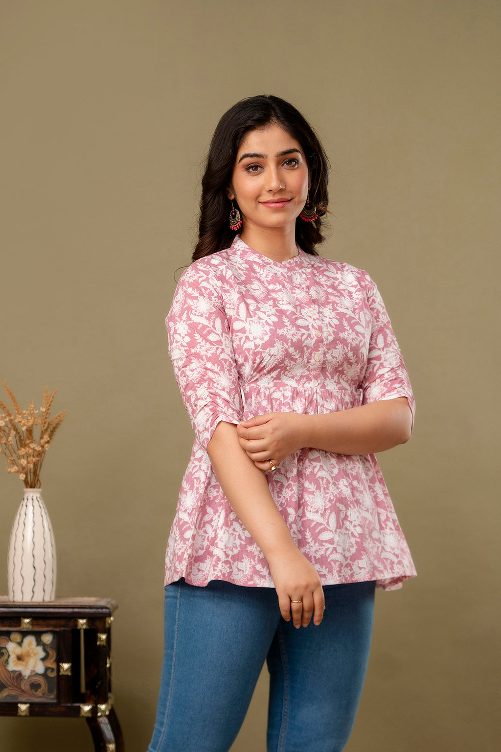 Majestic Divas Blush Pink Floral Printed Peplum Top for Women