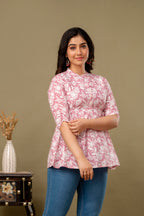 Majestic Divas Blush Pink Floral Printed Peplum Top for Women