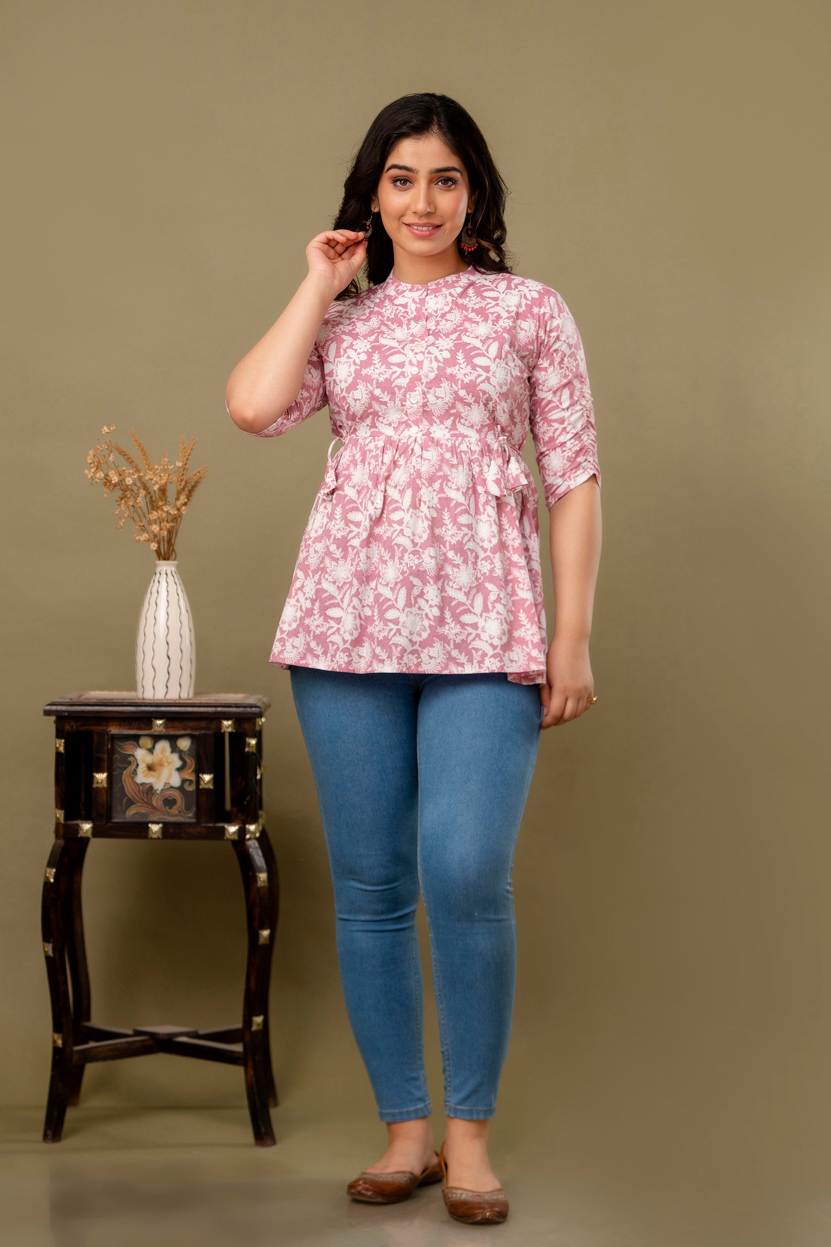 Majestic Divas Blush Pink Floral Printed Peplum Top for Women