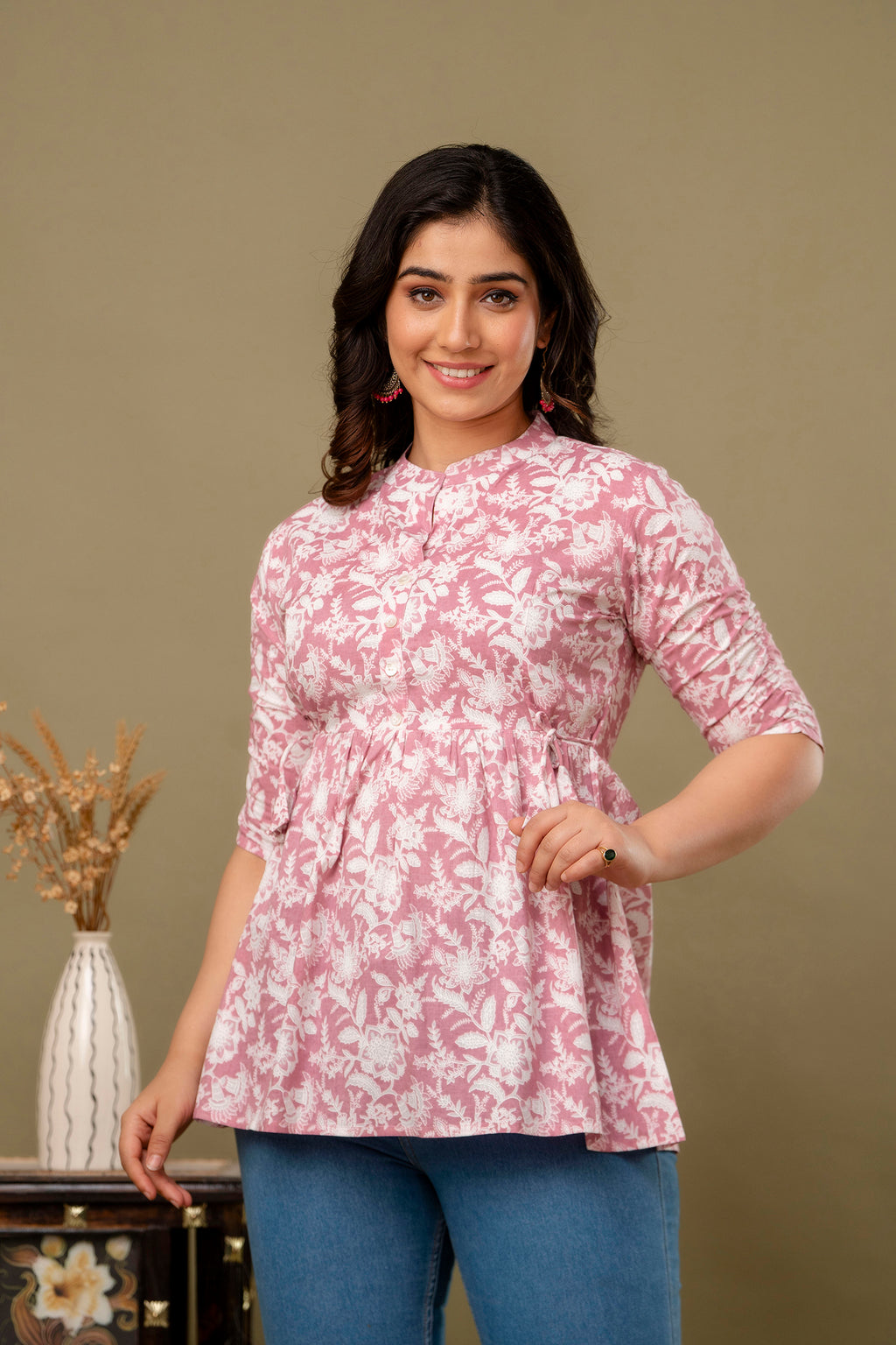 Majestic Divas Blush Pink Floral Printed Peplum Top for Women