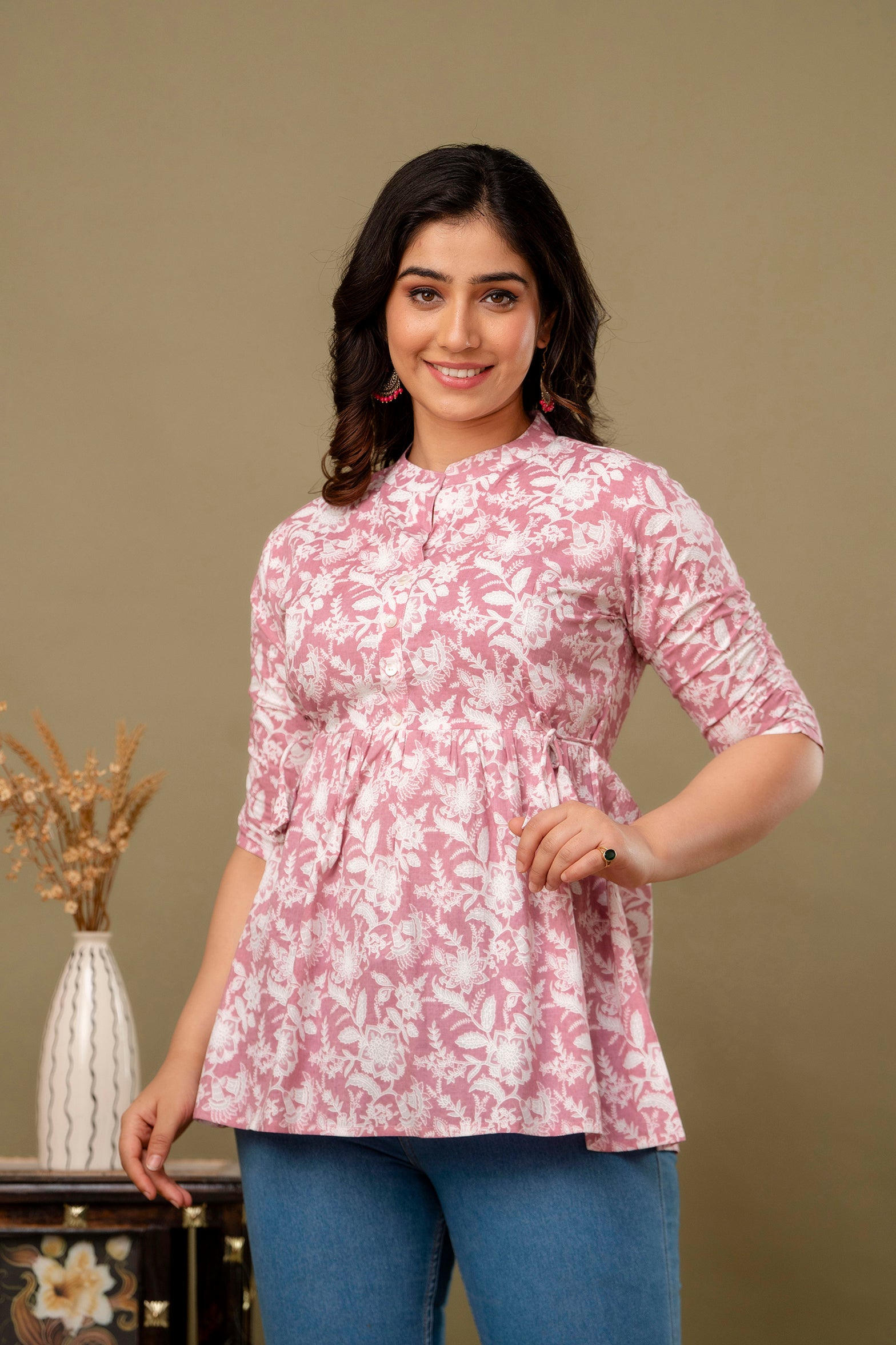 Majestic Divas Blush Pink Floral Printed Peplum Top for Women