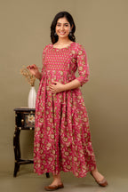 Majestic divas Cotton Rani Pink Floral Buta Printed Maternity Feeding Kurta Dress with Dual Zippers