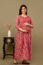 Majestic divas Cotton Rani Pink Floral Buta Printed Maternity Feeding Kurta Dress with Dual Zippers