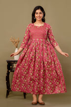 Majestic divas Cotton Rani Pink Floral Buta Printed Maternity Feeding Kurta Dress with Dual Zippers
