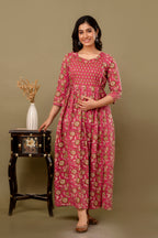 Majestic divas Cotton Rani Pink Floral Buta Printed Maternity Feeding Kurta Dress with Dual Zippers