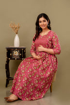 Majestic divas Cotton Rani Pink Floral Buta Printed Maternity Feeding Kurta Dress with Dual Zippers