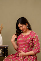 Majestic divas Cotton Rani Pink Floral Buta Printed Maternity Feeding Kurta Dress with Dual Zippers