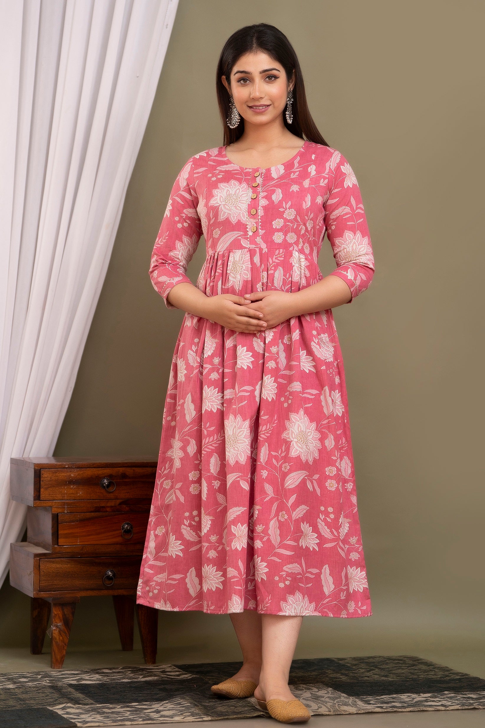 Majestic divas Cotton Peach Floral Buta Printed Maternity Feeding Kurta Dress with Dual Zippers Main image