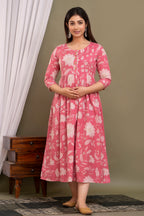 Majestic divas Cotton Peach Floral Buta Printed Maternity Feeding Kurta Dress with Dual Zippers