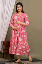 Majestic divas Cotton Peach Floral Buta Printed Maternity Feeding Kurta Dress with Dual Zippers
