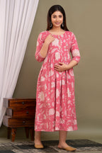 Majestic divas Cotton Peach Floral Buta Printed Maternity Feeding Kurta Dress with Dual Zippers