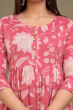 Majestic divas Cotton Peach Floral Buta Printed Maternity Feeding Kurta Dress with Dual Zippers